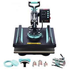 Bostome 8-in-1 heat press machine in black and green with 12x15-inch platen and accessories for tumblers, mugs, and hats.