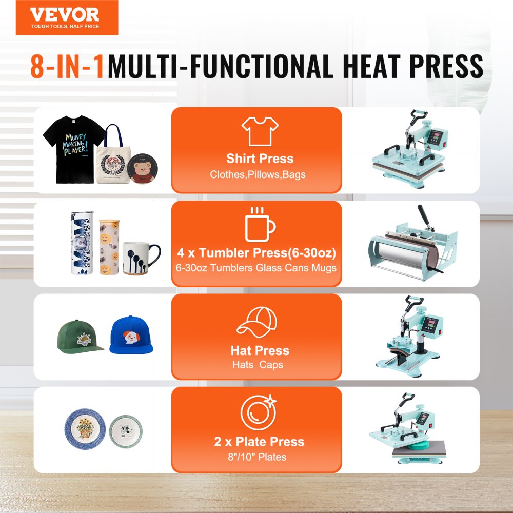 Green 8-in-1 heat press machine with 12x15-inch platen and 30oz tumbler attachment for shirts, hats, mugs, and plates.