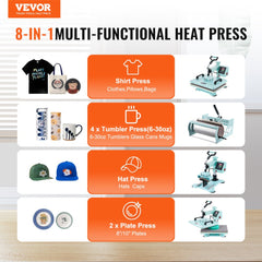 Green 8-in-1 heat press machine with 12x15-inch platen and 30oz tumbler attachment for shirts, hats, mugs, and plates.