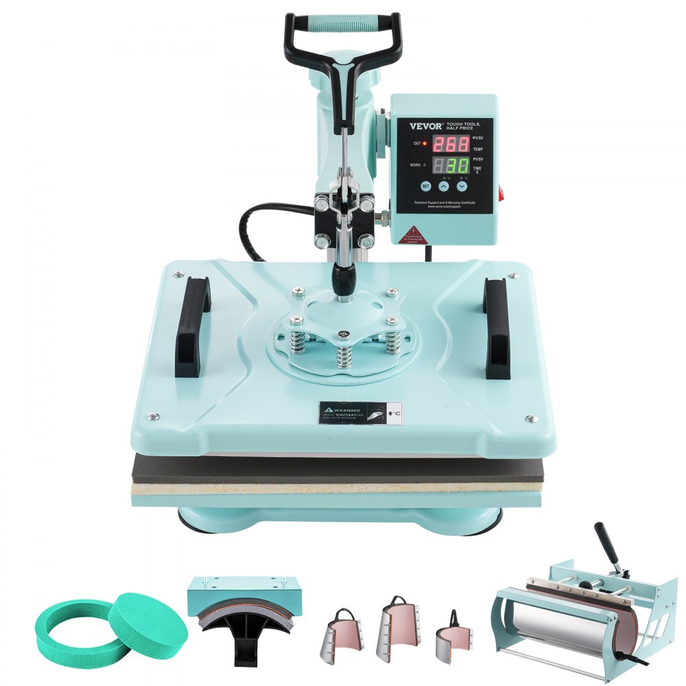 Green 8-in-1 heat press machine with 12x15-inch platen and tumbler attachments.