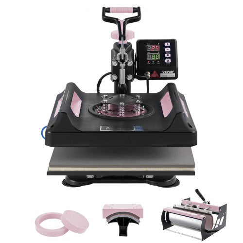 Bostome 5-in-1 black heat press machine with 15x15in platen and 30oz tumbler attachment.