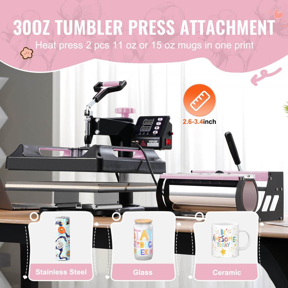 Black 5-in-1 heat press machine with 15x15-inch platen and 30oz tumbler attachment for pressing mugs and tumblers.