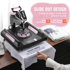 Black 5-in-1 heat press machine with 15x15-inch platen, 360-degree swing-away design, and pull-out drawer for pressing shirts and tumblers.