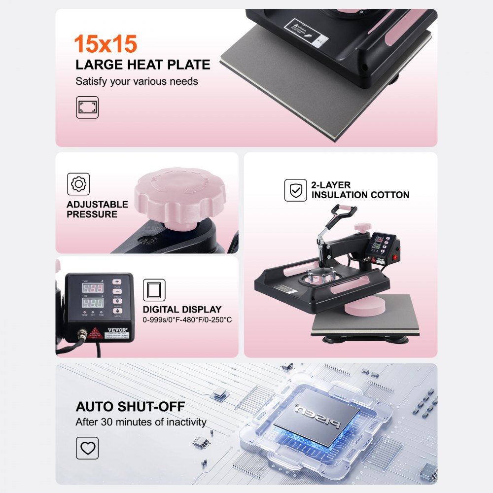 A black and pink 5-in-1 heat press machine with a 15x15 inch heat plate.