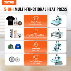 Green Bostome 5-in-1 heat press machine with 15x15 inch plate and tumbler press attachment.