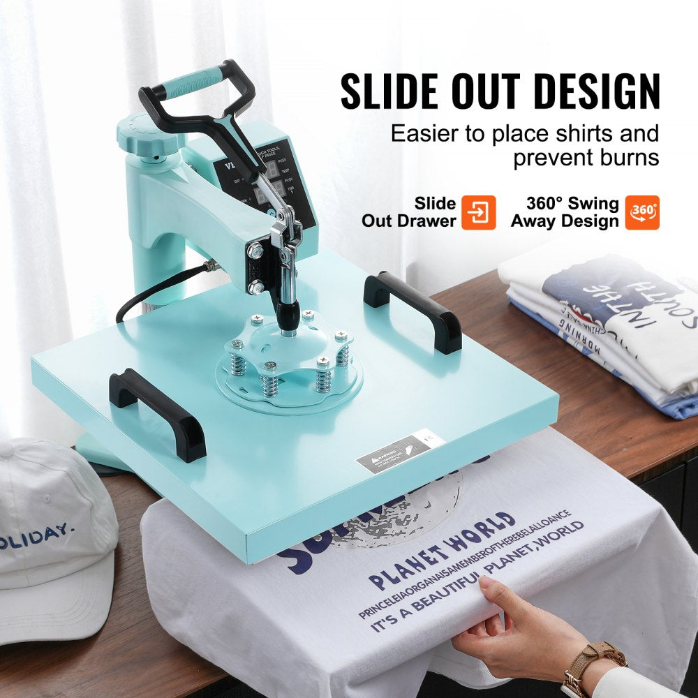 Green Bostome 5-in-1 heat press machine with 15x15 inch plate and 30oz tumbler press attachment.