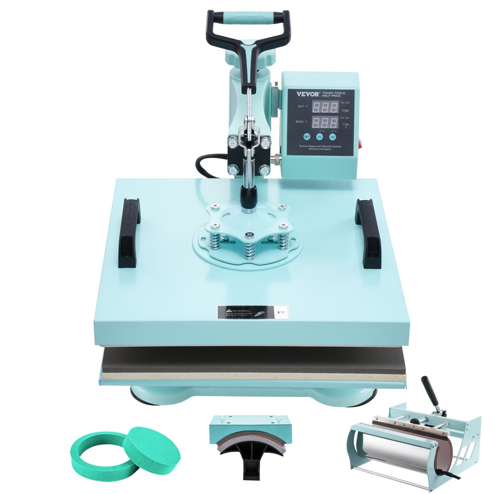 Bostome 5-in-1 heat press machine with a 15x15 inch plate and 30oz tumbler press in green.