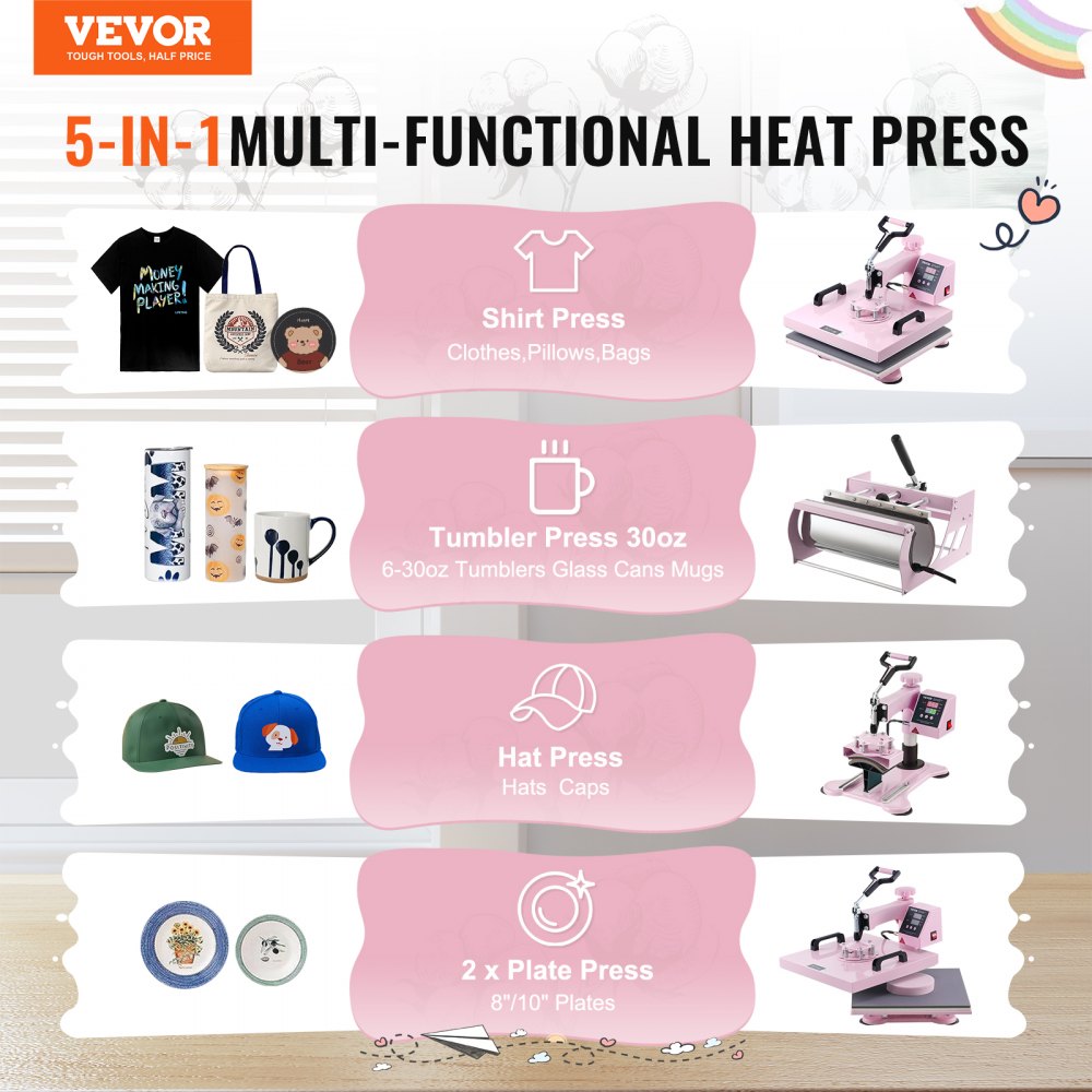 Pink 5-in-1 heat press machine with a 15x15" plate and 30oz tumbler press attachments.
