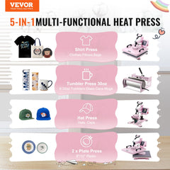 Pink 5-in-1 heat press machine with a 15x15" plate and 30oz tumbler press attachments.