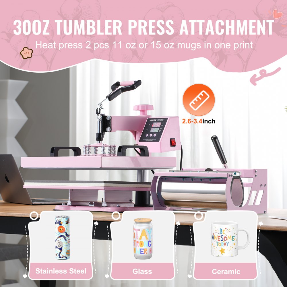 Bostome 5-in-1 heat press machine in pink with 15x15" plate and 30oz tumbler press.