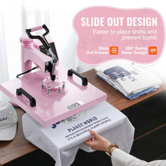 Bostome 5-in-1 heat press machine in pink with 15x15" plate and 30oz tumbler press attachments.