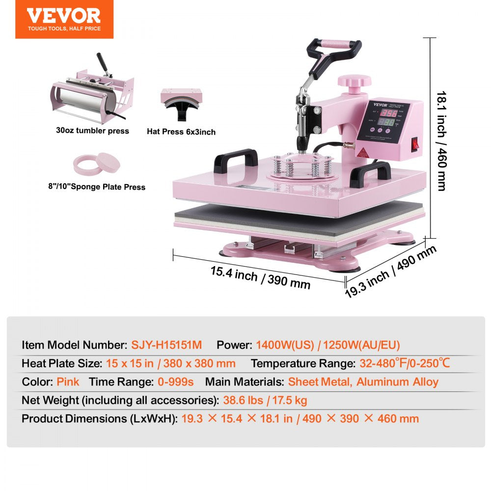 Bostome 5-in-1 heat press machine in pink with 15x15" plate and 30oz tumbler press attachments.