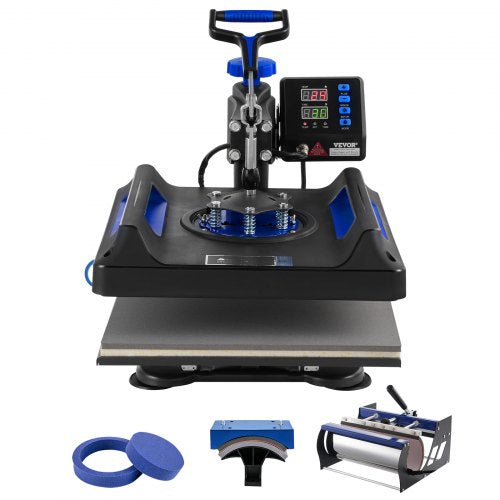 Bostome 5-in-1 heat press machine in black and blue, featuring a 15x15" heating plate.