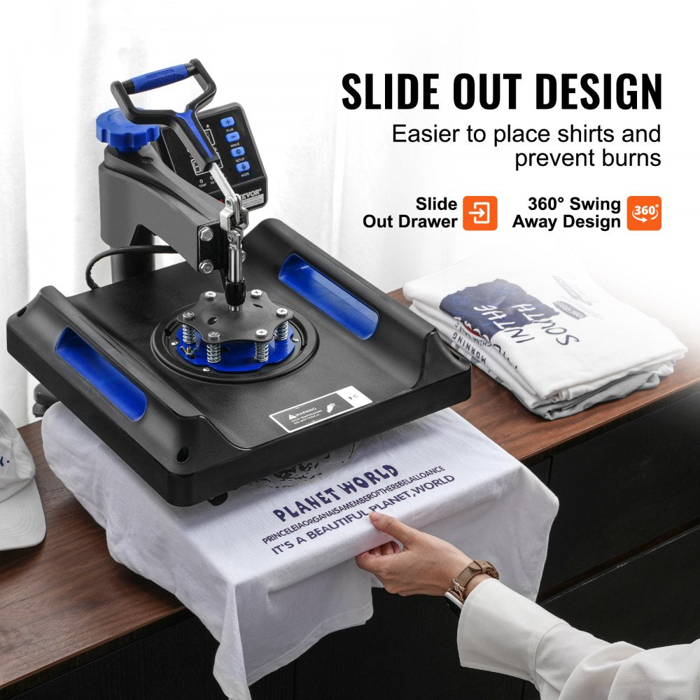 Bostome 5-in-1 heat press machine with a 15x15" plate in black and blue for various projects.
