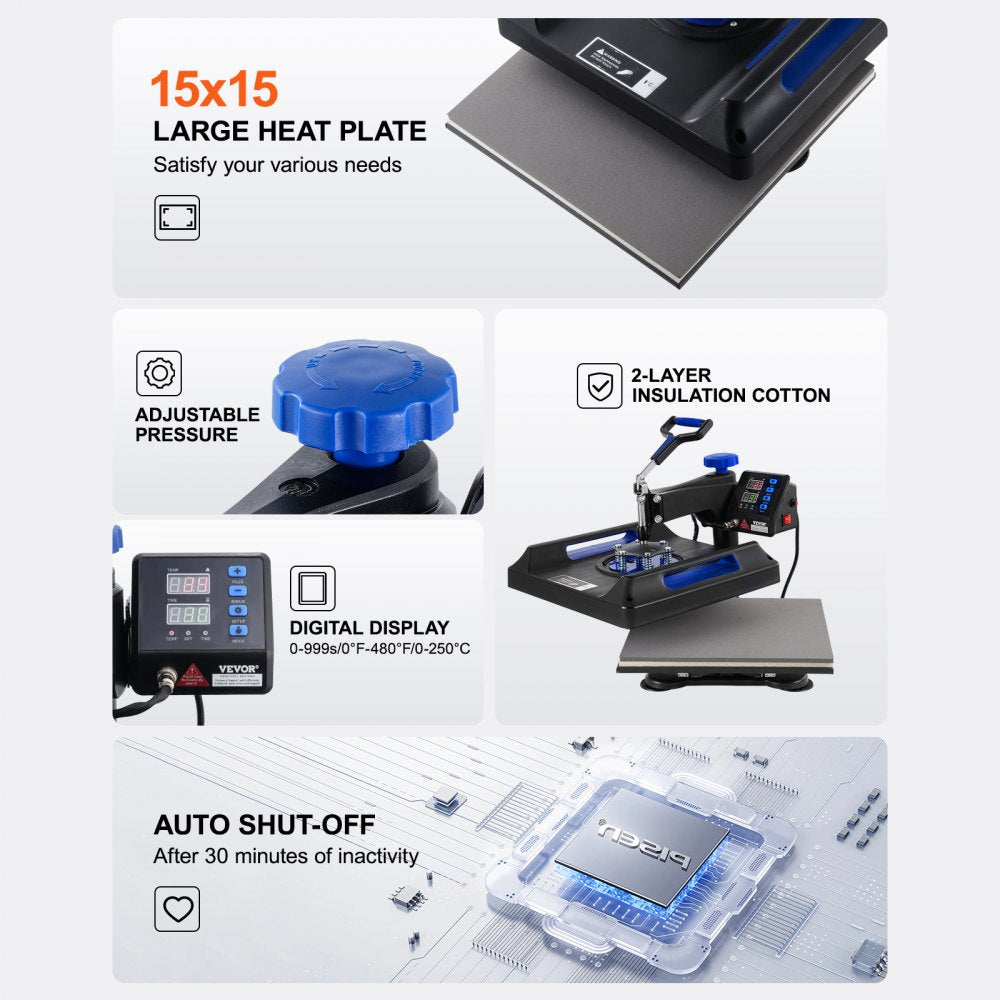 Bostome 5-in-1 heat press machine in black and blue, with a 15x15" heating plate and attachments.