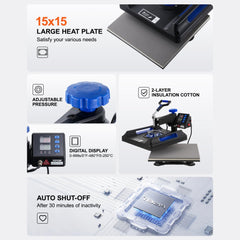 Bostome 5-in-1 heat press machine in black and blue, with a 15x15" heating plate and attachments.