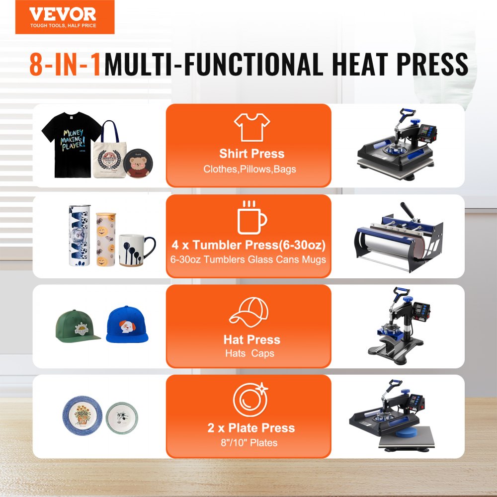 8-in-1 heat press machine in black and blue with 15x15-inch platen and 30oz tumbler attachment.