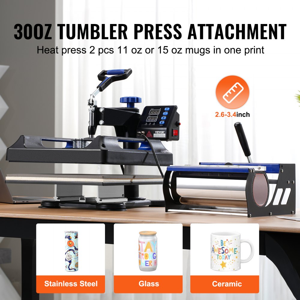 Black and blue 8-in-1 heat press machine with 15x15-inch platen and 30oz tumbler attachment for mugs.