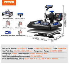 8-in-1 heat press machine in black and blue with 15x15-inch platen and tumbler attachment.