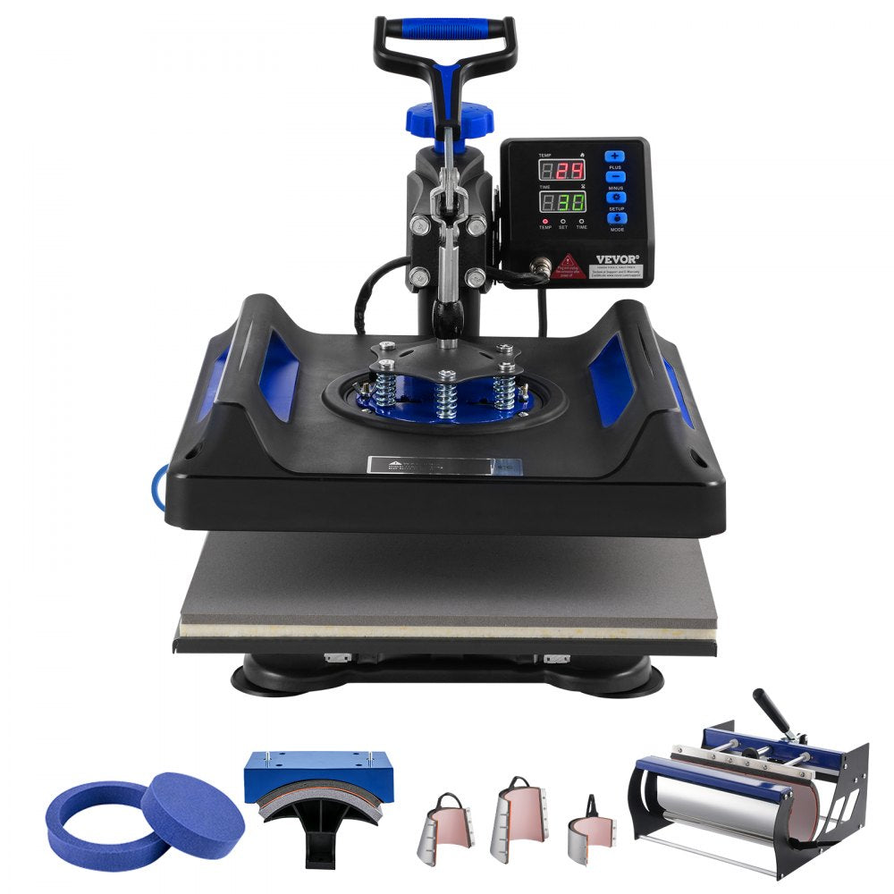 Bostome 8-in-1 heat press machine with 15x15-inch black platen, blue accents, and attachments for tumblers, mugs, and hats.