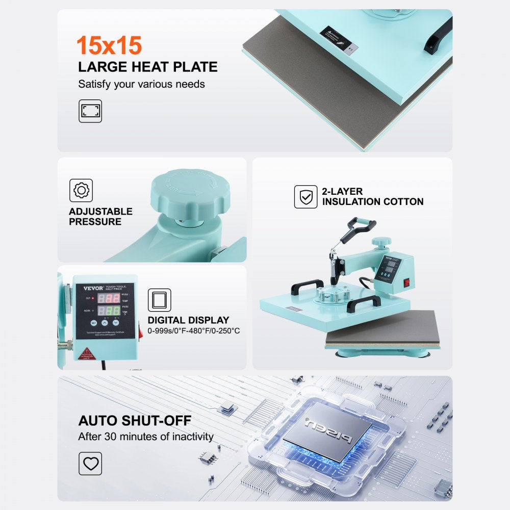 Bostome 8-in-1 heat press machine in green with a 15x15" plate and tumbler press attachment.