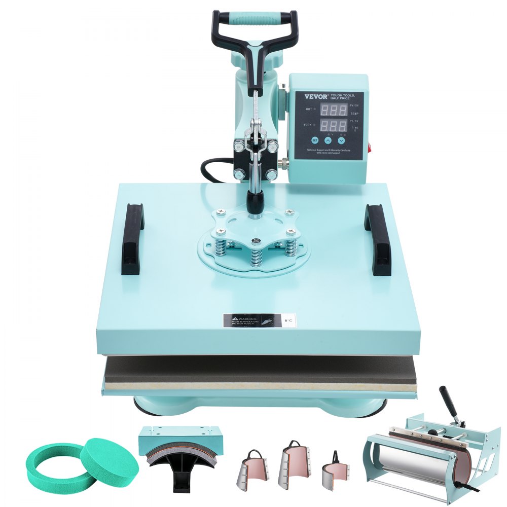 Bostome 8-in-1 heat press machine in green with a 15x15" plate and tumbler press attachment.