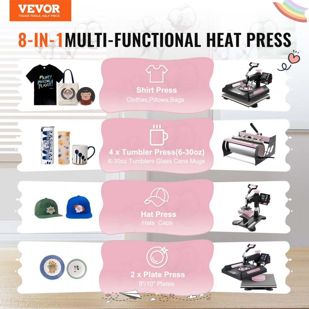Bostome 8-in-1 heat press machine in black with 15x15-inch plate and 30oz tumbler attachment.