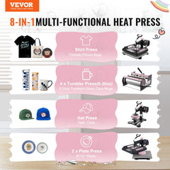Bostome 8-in-1 heat press machine in black with 15x15-inch plate and 30oz tumbler attachment.
