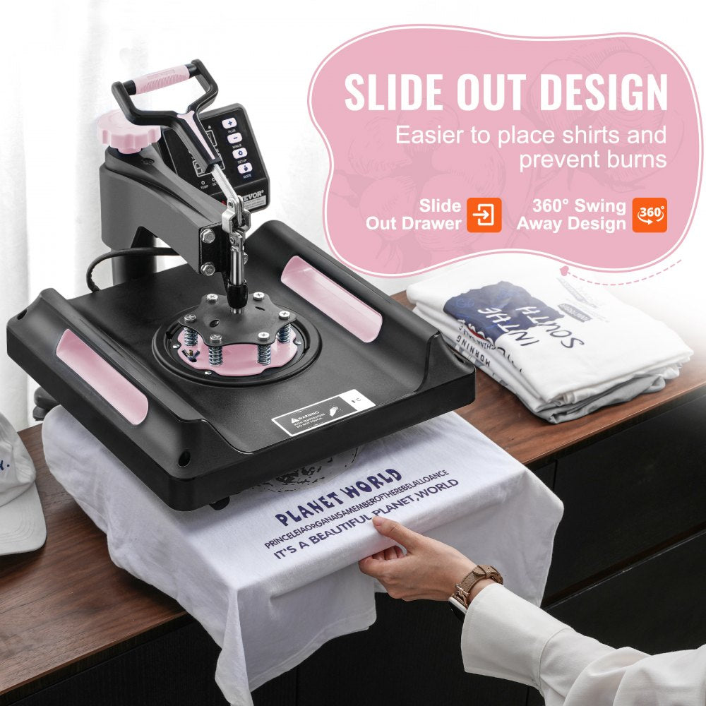 Black 8-in-1 heat press machine with 15x15-inch platen, swing-away arm, pull-out drawer, and 30oz tumbler attachment pressing a t-shirt.