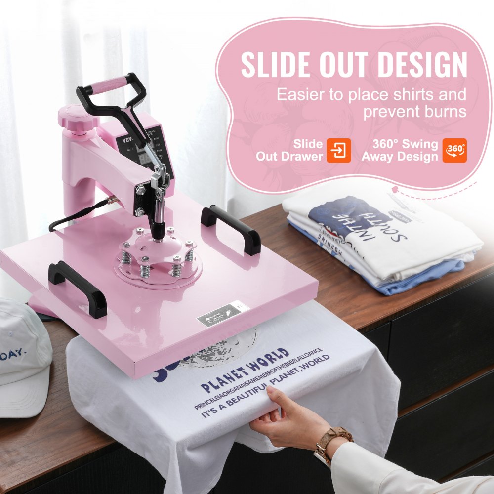 Pink 15x15 8-in-1 heat press machine with swing-away design and 30oz tumbler attachment.