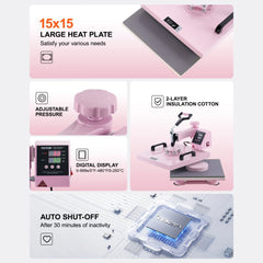 Pink 15x15 8-in-1 heat press machine with digital display and 30oz tumbler attachment.