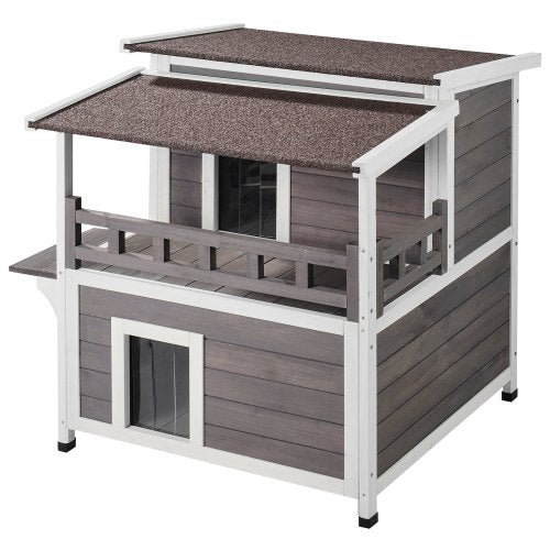 2-story wooden cat house with balcony, waterproof roof, and removable bottom for easy cleaning.