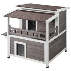 2-story wooden cat house with balcony, waterproof roof, and removable bottom for easy cleaning.