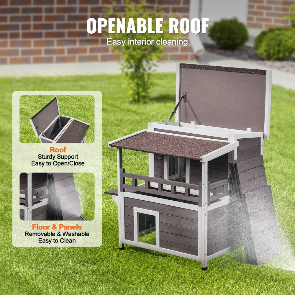 Two-story wooden cat house with a balcony and triangular asphalt roof for outdoor cats.