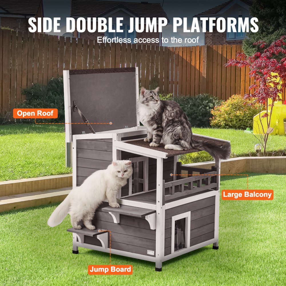 2-story wooden cat house with balcony, asphalt roof, and removable bottom for easy cleaning.