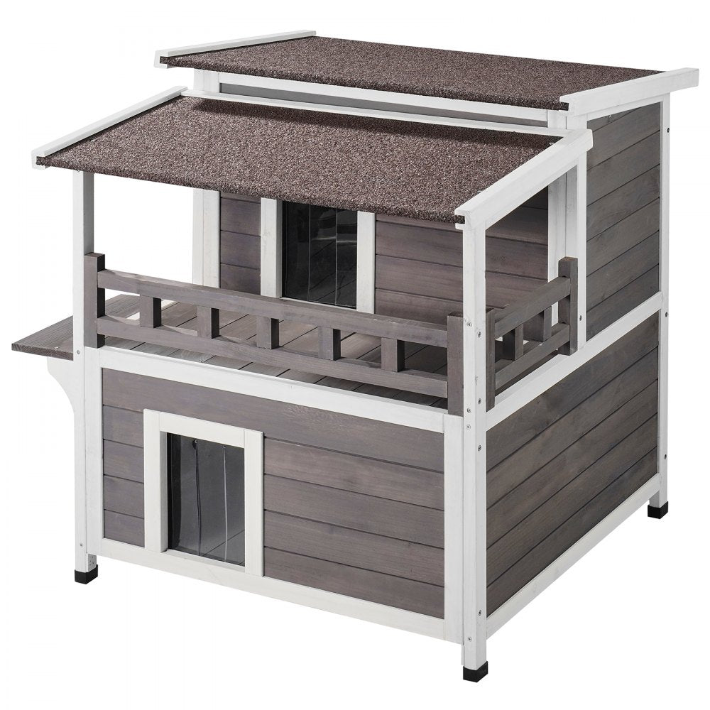 Two-story wooden cat house with balcony, asphalt roof, and removable bottom for easy cleaning.