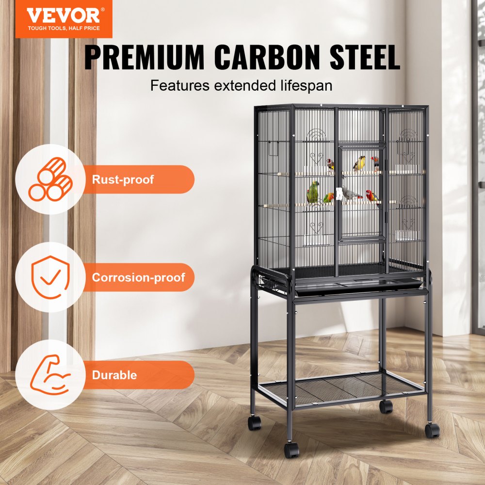 Bostome 54" carbon steel bird cage with spacious interior for parakeets and cockatiels.