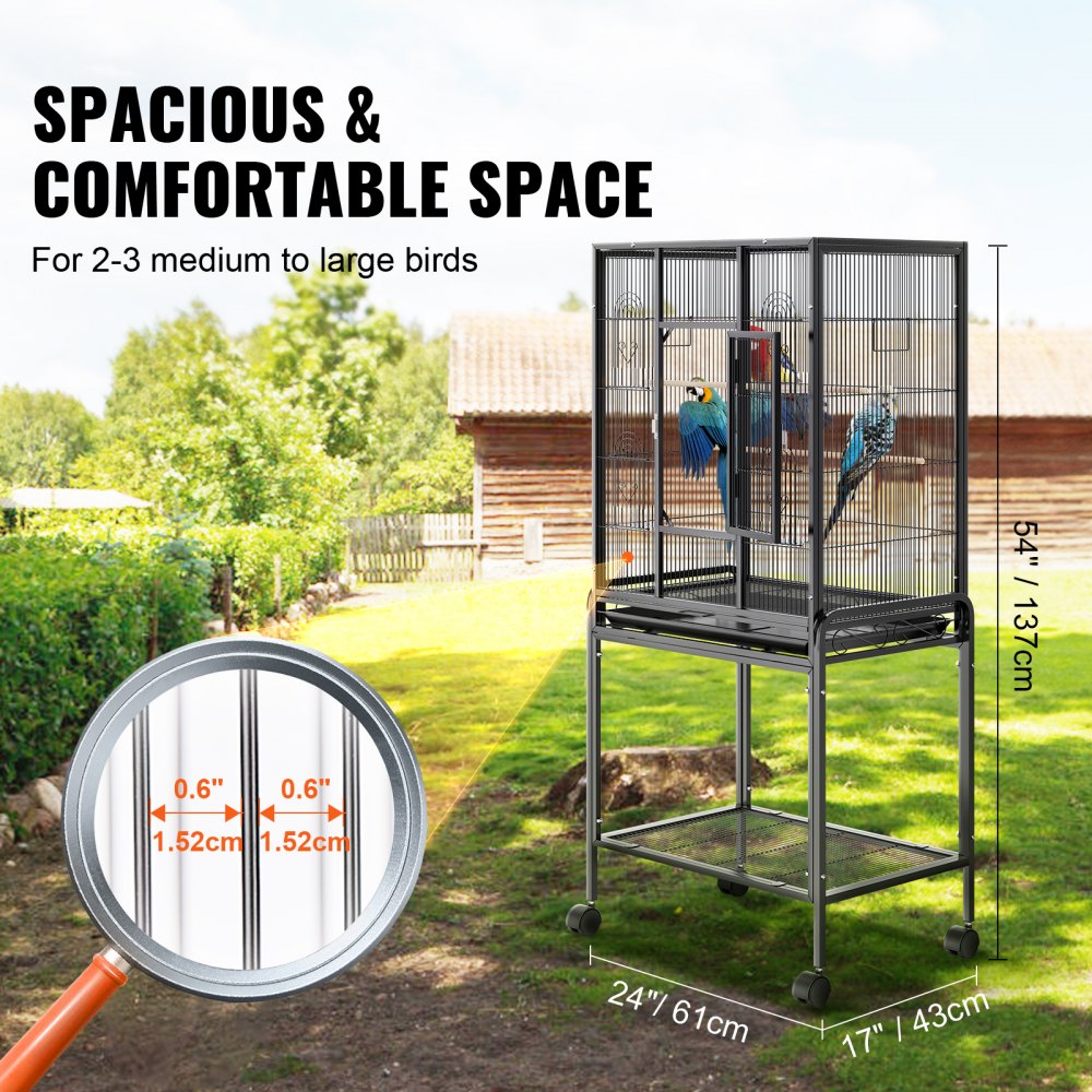 A 54-inch carbon steel bird cage with ample space for medium birds and a detachable tray.
