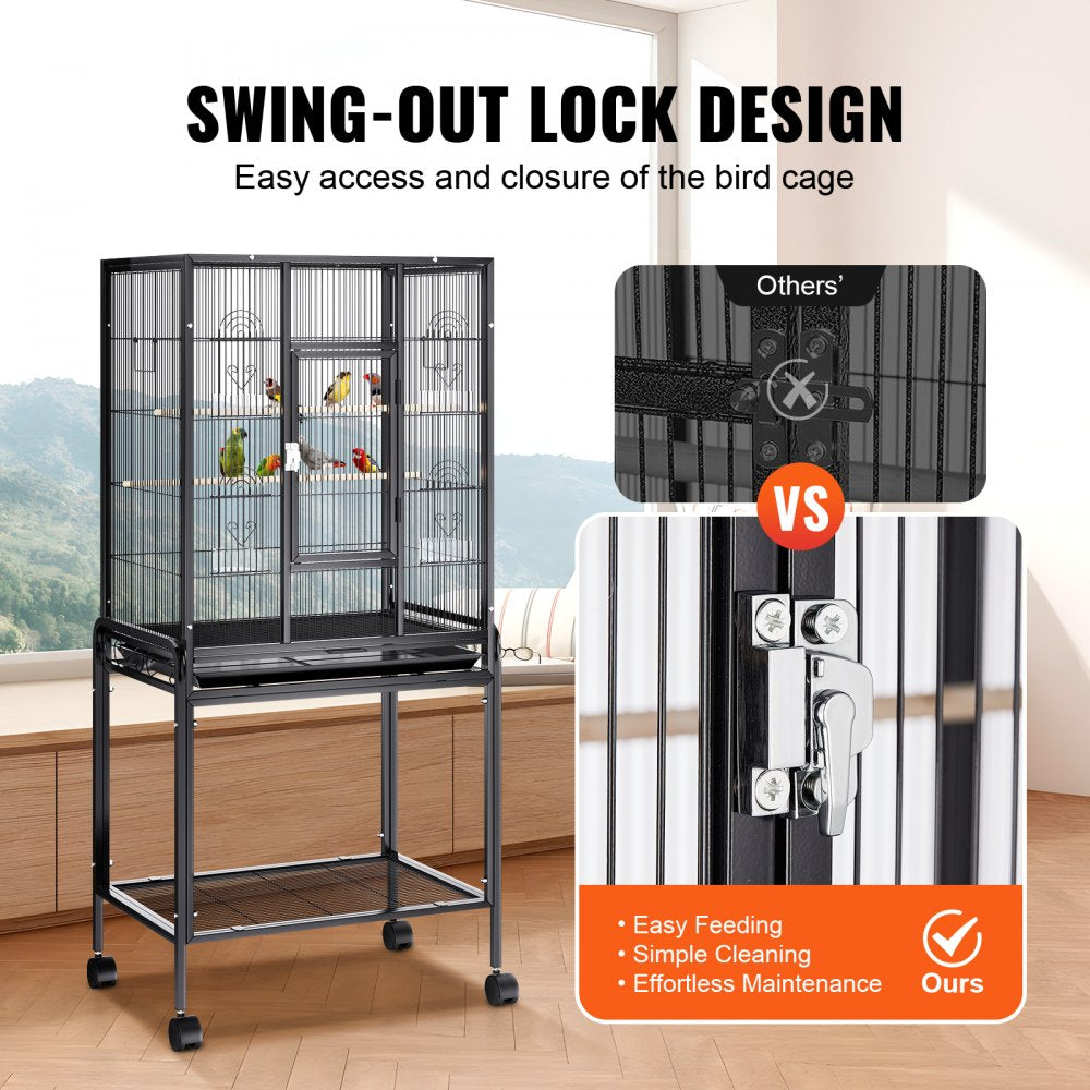 54-inch carbon steel bird cage with ample space for parakeets, cockatiels, and parrots.