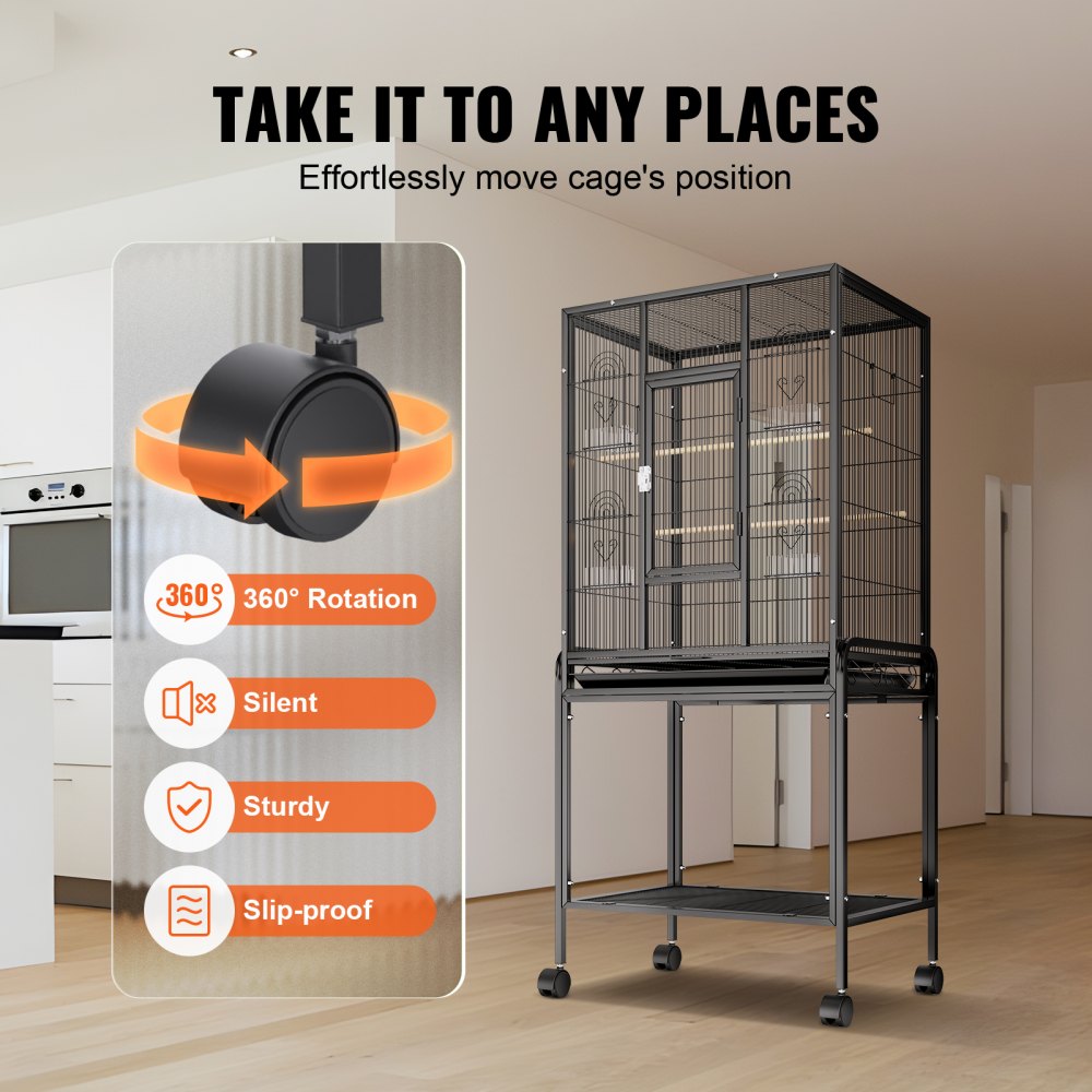 54-inch carbon steel bird cage with multiple perches and a detachable waterproof tray.