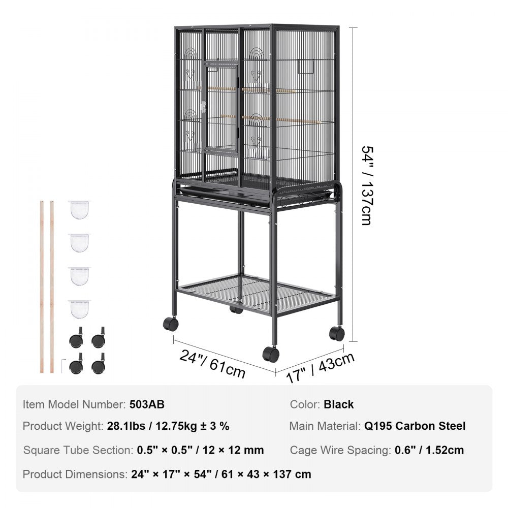 54-inch carbon steel bird cage with spacious interior for parakeets, cockatiels, and parrots.