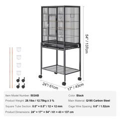 54-inch carbon steel bird cage with spacious interior for parakeets, cockatiels, and parrots.