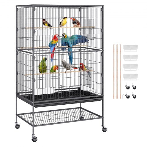 52 inch Standing Large Bird Cage, Wrought Iron Flight Bird Cage for Parakeets, Cockatiels, Parrots, Macaw with Rolling Stand and Tray