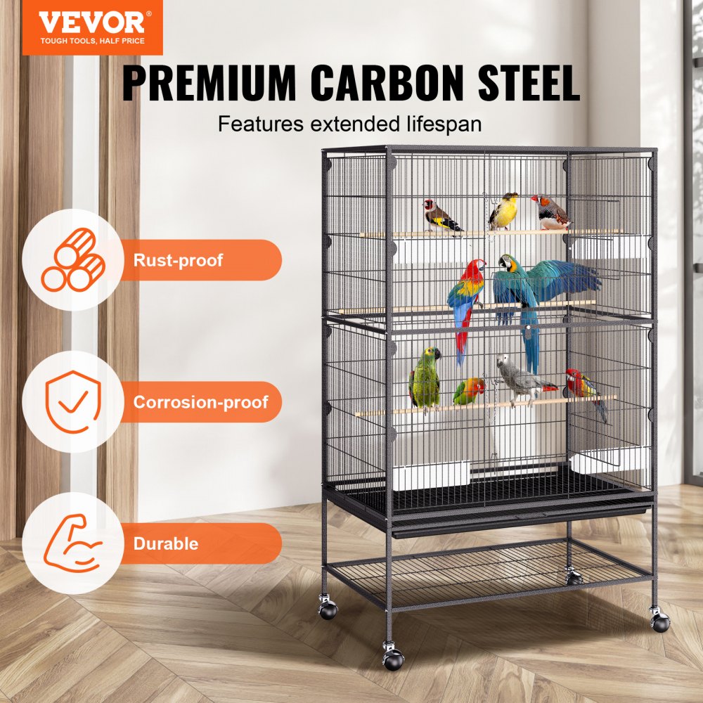52 inch Standing Large Bird Cage, Wrought Iron Flight Bird Cage for Parakeets, Cockatiels, Parrots, Macaw with Rolling Stand and Tray