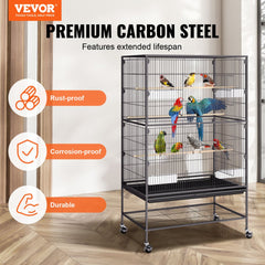52 inch Standing Large Bird Cage, Wrought Iron Flight Bird Cage for Parakeets, Cockatiels, Parrots, Macaw with Rolling Stand and Tray