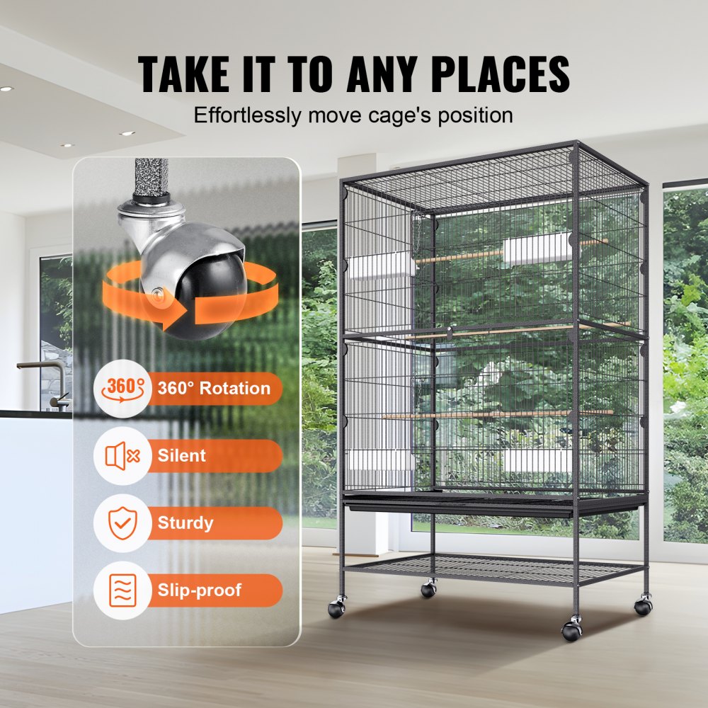 52 inch Standing Large Bird Cage, Wrought Iron Flight Bird Cage for Parakeets, Cockatiels, Parrots, Macaw with Rolling Stand and Tray