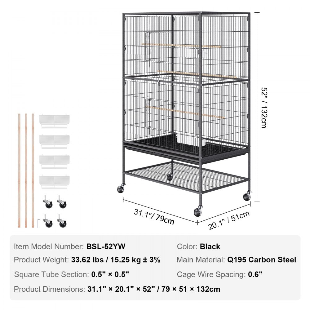 52 inch Standing Large Bird Cage, Wrought Iron Flight Bird Cage for Parakeets, Cockatiels, Parrots, Macaw with Rolling Stand and Tray