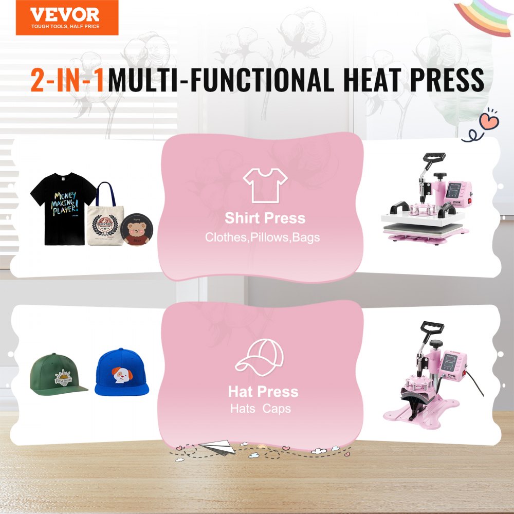Pink Bostome 12x10 heat press machine with 360° swing arm for T-shirts and hats.