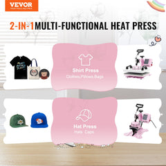 Pink Bostome 12x10 heat press machine with 360° swing arm for T-shirts and hats.