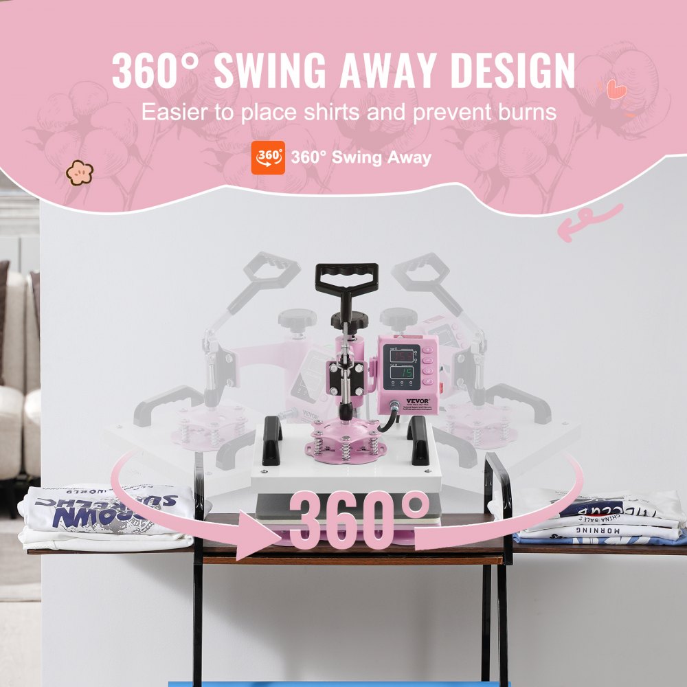 Pink Bostome 12x10 heat press machine with a pull-out drawer and 360° swing arm.